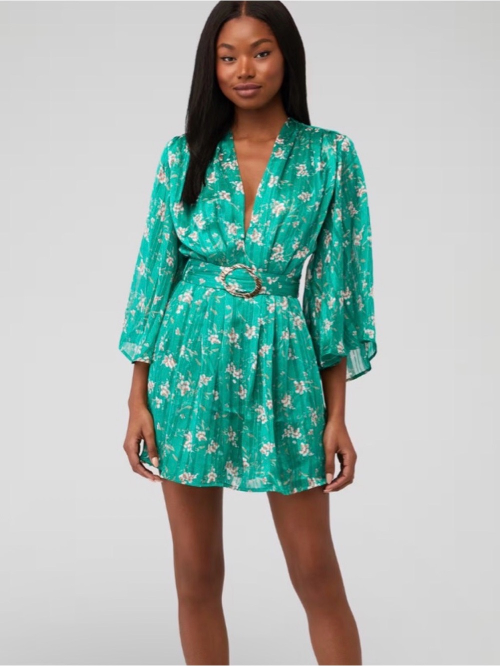 Sabina Musayev Floral Adeline V-Neck Mini Dress in a Green Teal R8